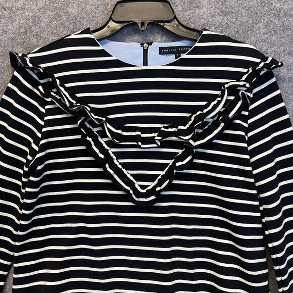 ENGLISH FACTORY Top Women's Small Black White Striped Ruffled Trim Long Sleeve - Picture 3 of 13